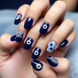 I want navy blue color french tip on all . Evil eye theme at least one of them has it. Add flowers of gel. Add details with silver lines or dots