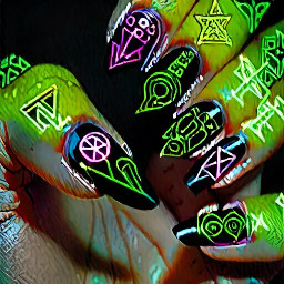 black stiletto nails covered in layered neon sigils, bright green and pink symbols, chaotic occult patterns, glowing runes, high detail, intense contrast, dark background, edgy witchcore aesthetic