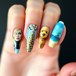 stiletto nails, I want one nail to have a blonde blue eyed woman (the middle finger), one nail to have a giraffe hipper (ring finger) I also want the pointer/index finger to have a golden labradoodle dog hipper and the thumb to have an island.