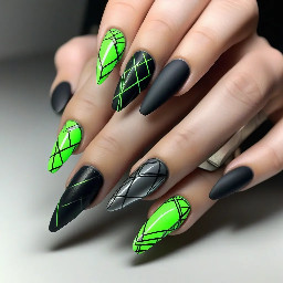 Shape & Length: Long Stiletto or Medium Coffin.Color Palette: Matte Charcoal Black, Neon Cyber Green, and Liquid Chrome Silver.Design Elements:Features a ultra-matte black base coat.Accented with sharp, laser-etched geometric grid lines in reflective chrome.Select accent nails showcase a vivid, neon green "glitch" or circuit-board matrix graphic instead of a smooth blend or French tip.