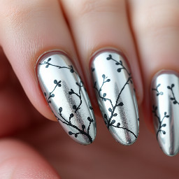 Silver chrome nails with delicate, hand-painted black vine patterns and tiny clear crystal accents, high-shine finish