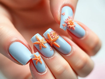 Summer nails starfish flowers blooming gel blue/oeange/pink