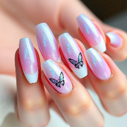 Elegant short almond shaped nails inspired by Shinobu Kocho from Demon Slayer. Each nail features a mesmerizing magnetic cat-eye effect in an iridescent lavender-to-violet gradient with subtle hints of teal and pearl shimmer. Crisp white French tips are softly blended with delicate butterfly-wing accents outlined in black, echoing Shinobu's iconic haori pattern. Fine holographic glitter, tiny rhinestones, and subtle chrome details add a magical touch, while the overall look remains delicate, feminine, and sophisticated with a glossy salon-quality finish. The design captures Shinobu's graceful, ethereal aesthetic with a modern cat-eye French manicure.