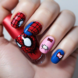 Can u create an image of Spider-Man x Hello Kitty set, I'd prefer for the color scheme to look nice and not dark blue and baby pink for example, like I stead try to do red Spiderman and red hello kitty u feel me, and then make then look cute like almond shaped btw