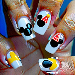 White French tip with Disney balloons on ring finger and Micky heads on middle finger