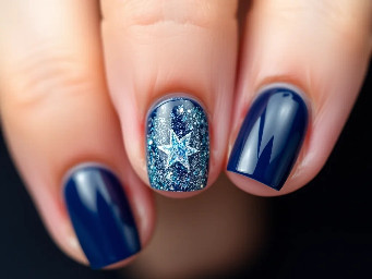 Deep nails with ring finger nail navy blue with a sparkly star