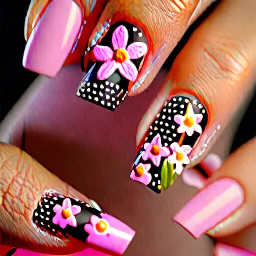 almond, polka dot brown pink 3d flowers on middle finger and thumb only ,short