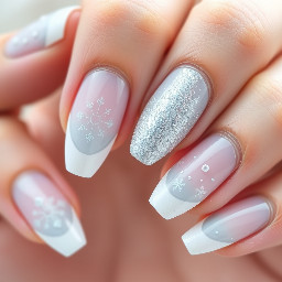 almond nails with a frosty winter and/or ice theme with the colours white and light misty blue. Can use glitter, French tips, ombre, shapes