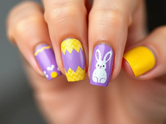Easter nail art, purple and yellow, no bunny