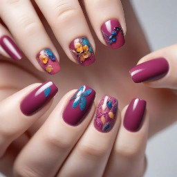 In style of macro photo, single hand, create nail art on fingernails based on: nails centered full view, sharp focus, true color, photoreal, 4k