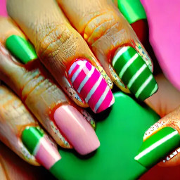 almond shaped pink and green nails, (hearts, dots, stripes, etc)