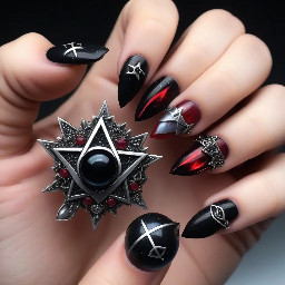 GENERAL REQUIREMENTS  * Extension type: PVC gel extensions, similar to press-on extensions. * Shape: Medium almond. * Color palette: Black, red, and silver, alternating across the nails. * Overall aesthetic: Gothic, dark, mystical, celestial, elegant, and slightly edgy, with metallic details and gemstones. * Finishes: Cat-eye, glass-effect, and metallic finishes, depending on the design of each nail. * Decorations: Fine-line artwork, chains, stars, moons, gemstones, and intricate symbols.  I’d like every nail to have its own unique design while still looking cohesive as a complete set. I’m happy for you to adjust the placement, proportions, and smaller details to ensure the designs look beautiful and aren’t too overcrowded.  LEFT HAND  1. Thumb — Snake & Infinity  * Black cat-eye base, possibly incorporating dark red, depending on what looks best. * A snake design. * A separate infinity symbol. * One small white gemstone placed on the infinity symbol. * One red gemstone on the snake’s head.  Important: The snake and infinity symbol should be two separate elements, not combined into one design.  2. Index Finger — Metal Cage & Heart  * Black cat-eye base. * A cage-like design at the tip, resembling an intricate iron or metal cage. * A red heart in the center, framed by a silver metallic border. * An eight-pointed starburst design. * One small black or white gemstone in the center of the starburst.  I’d like this nail to look dark, sharp, and slightly industrial, with the red heart serving as the focal point.  3. Middle Finger — Celestial Night Sky  * Silver base. * Scattered stars to create a celestial, night-sky effect. * One small crescent moon. * A curved, rainbow-like band in shades of blue, purple, and black. * A small silver Chi (Χ) symbol, representing the Roman numeral X (10). * A tiny silver wine glass. * The Roman numeral X incorporated along the curved band.  Please keep the elements delicate and balanced so the design doesn’t become too busy.  4. Ring Finger — Number 21 Pool Ball  * Red cat-eye base. * A black billiard ball inspired by an eight-ball design. * The number 21 displayed clearly in the center of the ball instead of the usual number.  I’d like the ball to look recognizable as a pool ball, with the number 21 as its defining detail.  5. Pinky — Black Glass & Celestial Flames  * Black glass-effect base. * A moon and stars. * Small gemstones incorporated into the celestial elements. * Silver flame-like details at the bottom of the nail.  The overall effect should feel mystical, dark, and slightly magical.  ⸻  RIGHT HAND  1. Thumb — Silver Chains & Stars  * Black base. * Silver chain details. * A star-shaped chain charm or star charm. * Optionally, one tiny red heart.  I’m unsure whether adding the red heart would make the design too crowded, so please use your judgment. If the heart doesn’t complement the composition, I’m happy to leave it out.  2. Index Finger — Rose Pattern & Custom Sigil  * Red base with a detailed rose pattern. * Place the exact symbol from my attached reference image prominently in the center. * Preserve the original design as closely as possible, including its intricate geometric lines, heart shape, intersecting cross-like elements, and diamond-shaped details. * The symbol should be rendered in antique gold or brushed gold, rather than silver.  Important design notes:  * Please use the uploaded image as the primary reference for the symbol. * Keep the symbol recognizable and preserve its proportions and intricate linework. * The rose pattern should act as the background rather than compete with the symbol. * Gold should be reserved primarily for this symbol, making it the statement design of the entire set.  I’d like this nail to resemble an intricate, antique mystical sigil against deep red roses.  3. Middle Finger — Moon Phases & Crown  * Black-and-red glass-effect base. * A three-moon-phase design arranged in this order: 🌒 🌕 🌘 * If possible, incorporate a crown into the composition.  I’m not entirely sure how to combine the moon phases and crown, so I’d love your creative input. Please make the elements flow naturally together without overcrowding the nail.  The overall aesthetic should feel regal, celestial, and mysterious.  4. Ring Finger — Eight-Pointed Star  * Silver base. * One black eight-pointed starburst in the center. * One red gemstone in the center of the star.  Please make the star symmetrical, sharp, and clearly defined against the silver background.  5. Pinky — Queen’s Crown & Sword  * A queen’s crown and a sword. * The crown should look elegant and regal, with white gemstones. * The sword should feature a red gemstone in its center. * Add a few small blood-drop details near the tip of the sword.  I’d like this design to feel dark, royal, and powerful, with the white and red gemstones creating contrast against the darker aesthetic.  ⸻  FINAL DESIGN DIRECTION  The overall concept is a combination of dark gothic elegance, celestial symbolism, mystical imagery, and royal elements.  Please prioritize the following:  1. Cohesion: All ten nails should look like parts of the same collection, even though each nail has a different design. 2. Color balance: Black, red, and silver should remain the dominant colors. Gold should be a special accent, primarily reserved for the sigil on the right index finger. 3. Fine details: I love intricate designs, but I still want the main symbols to be recognizable and visually clear. 4. Gemstones: Please use them strategically to highlight important details rather than placing too many gems on every nail. 5. Visual hierarchy: The most intricate designs should remain the focal points, particularly the gold sigil, snake, cage and heart, and crown and sword. 6. Practicality: Since these are medium almond nails, please adjust the scale of the artwork to fit the available nail surface while preserving the important details.  I’m open to your professional suggestions if any elements need to be simplified, repositioned, or adjusted to make the set look more elegant.  The most important thing is to preserve the overall concept and the key details of each nail while making the entire set look cohesive, detailed, and beautifully executed.