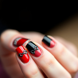 Red and black with a bow nails French tips