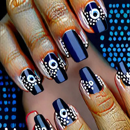 I want navy blue color french tip on all . Evil eye on ring finger.Add flowers of gel. Add details with silver lines or dots