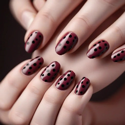 almond shape maroon nail with dark brown polka dots