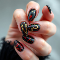 A dark soft gothic persephone inspired set, with main colors being blood red, black and gold accents. The nail art should include symbols like wheat, pomegranate grains, stars and the ouroboros snake. The shape of the nails is medium almond.