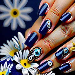 I want navy blue color french tip on all . Evil eye on ring finger.Add flowers of gel. Add details with silver lines