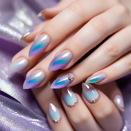 Elegant short almond shaped nails inspired by Shinobu Kocho from Demon Slayer. Each nail features a mesmerizing magnetic cat-eye effect in an iridescent lavender-to-violet gradient with subtle hints of teal and pearl shimmer. Crisp white French tips are softly blended with delicate butterfly-wing accents outlined in black, echoing Shinobu's iconic haori pattern. Fine holographic glitter, tiny rhinestones, and subtle chrome details add a magical touch, while the overall look remains delicate, feminine, and sophisticated with a glossy salon-quality finish. The design captures Shinobu's graceful, ethereal aesthetic with a modern cat-eye French manicure.