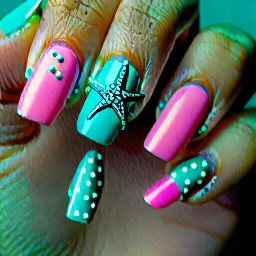 Pink Almond nails with teal-cyan starfish on the ring and pointer finger with small white dots on them to represent the tentacle