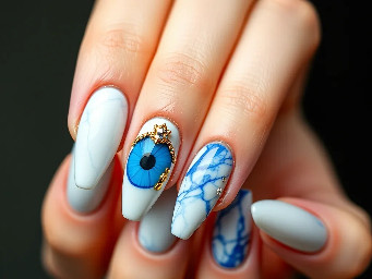 -blue cat eye color  -White color (for marble nails) -Almond shaped -Blue&gold junk nails on ring fingers -small gold rhinestones on white/blue cat eye marble nails. No rhinestones on the other nails. The marble is white with the blue One nail in each column needs to be a junk nail. No nails are just white. One nail in each column is marble and gold w/small rhinestones spotted around it