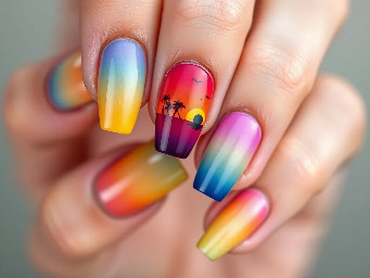 Create me sunset ombre nails with a nail stamp using only KAISE/KASI nail colours with the ring fingers in catseye