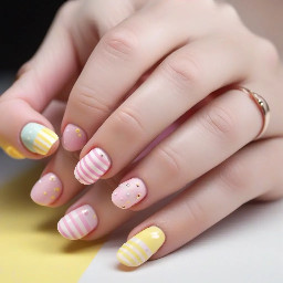 round/almond nails, middle finger blooming gel in a pastel yellow, ring finger pastel pink thin stripes, pinkie pastel pink small polka dots, pointer finger just a plain pastel pink and thumb a pastel yellow large star