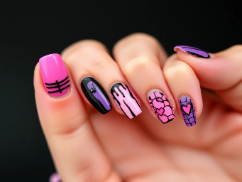 cute pink, black, and purple summmerween nails with stitches on one nail, a gradient nail, a nail drip with pink base and black drip, pink base with a black spiderweb and one with hearts