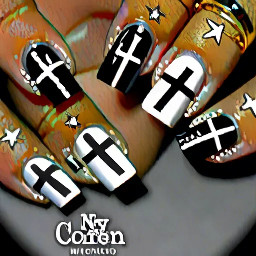coffin nails, medium length. Thumb, white base with NY logo in black. Pointer finger, white French tip with black star. Middle finger, black French tip with two chrome hearts style crosses in white. Ring finger, white base with ‘Swag’ in black blocky letters down the whole nail. Pinky finger, white French tip with pink dots