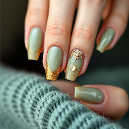 Sage green, gold, and teal almond sape nails