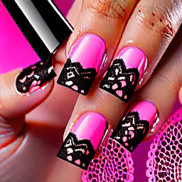 create square shaped medium lenght nails with a pink base colour and black lace in top