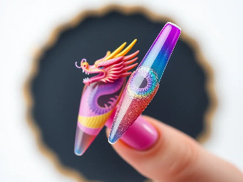 Long Stiletto Nail with design of the pastel rainbow Chinese dragon in full size with rainbow spikes on top of the dragon
