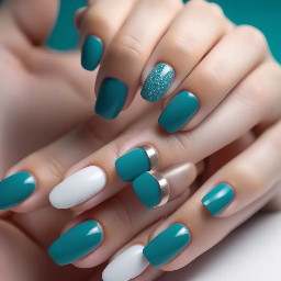 teal nails with a white one on the ring finger nail