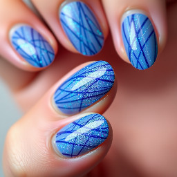 Make a almond nail with random not straight lines in an electric sparkly blue that appear on it