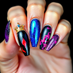 THUMB (Galaxy Crown)    🌌 Purple/Blue/Black blend    👑 Gold crown + rhinestones  INDEX (Blue Flame)    🔵 Electric blue chrome    🔥 Neon flame tips  MIDDLE (Magic Smoke)    🟣 Deep purple base    💨 Pink/purple smoke swirls + foil  RING (Edgy Panels)    ⚫ Black base    🔺 Red + purple color blocking    ✨ Gold striping + 🍎 detail  PINKY (Glitter Fade)    ⚫→🟣 Black to purple glitter ombré    ✨ Tiny sparkles/stars