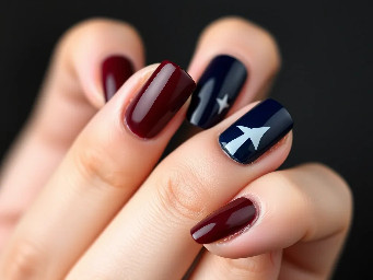 Dark burgundy nails with navy blue ring finger with white star outline
