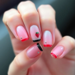 Right thumb  Sheer pink base + black French tip + 2 tiny white dots near the tip  Right index  Sheer pink base + strawberry-red/pink French tip  Right middle  Full sheer pink base + one small strawberry in the center  Right ring  Sheer pink base + black French tip + 2–3 tiny rhinestones  Right pinky  Sheer pink base + red/pink French tip  Left thumb  Sheer pink base + pink/red French tip with a thin black outline  Left index  Sheer pink base + black French tip  Left middle  Sheer pink base + 2 tiny strawberries toward one side  Left ring  Sheer pink base + pink/red French tip + rhinestones  Left pinky  Sheer pink base + black French tip