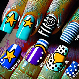 A set of colorful nails with patterns liek striped and dots some full color some French tip with symbols one on each nail the symbols are Christian themed, they are as followed bread,wine,sheep,nails,cross,crown of thorns,star,tomb stone,fish,three dots representing the trinity