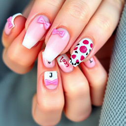 Coquette ballerina/coffin shaped nails with french tips and pink bow charms. Everything has to be pink vibes. One nail has a pink J on it and another a strawberry cow pattern