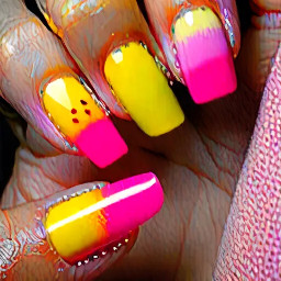 The Main 8 Nails: A flawless, seamless color gradient. It starts at the base of your cuticle as a bright, creamy, sun-drenched lemonade yellow. As it reaches the middle of the nail, it softly blends into a juicy, vibrant strawberry pink that covers the entire tip. The finish is ultra-slick and glass-like, catching the light whenever you move your hands.The 2 Ring Fingers: These nails completely skip the ombré blend. Instead, they are painted a smooth, rich, solid coat of that same lemon yellow.The 2 Built-In Charms: Sitting perfectly in the center of your solid yellow ring fingers is a tiny, raised 3D flower charm. The flower is a soft, delicate pink that matches the pink tips of your other fingers, pulling the whole set together. It has a slight matte texture compared to the ultra-glossy nail base, making it pop out beautifully like a little piece of summer jewelry