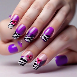 Purple tips with zebra print and a hibiscus flower