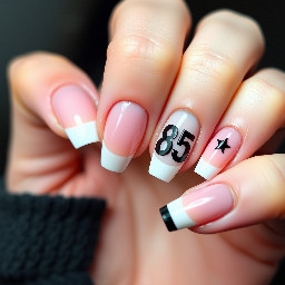 generate an image of medium acrylic nails square. don toliver inspired octane concert. I want “octane” in all caps in black vertically only on the middle finger on its own. I want the same on my other hand middle finger with “E85” in the SAME FONT as the one on the image. I want pink/nude base with white/black french tips. on the other ones i want a star on one of them and white french tips with one black french tip.