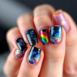 make a simpler design galaxy laser rainbow taco short medium square different design on every nail