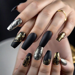 Coffin shaped Matte black nails with gold and silver designs
