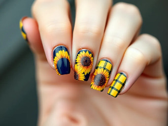September nails, sunflowers and navy French tips with some nails navy and yellow plaid