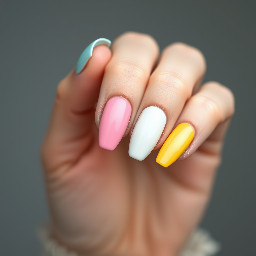 Medium lenght almond nails with the colors tiffany blue, pink and butter yellow. The nails should have a simple authentic desing
