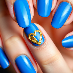 Royal blue nails, ring finger nail glittery gold with a heart that starts on the edge on one side and ends on the edge on the other side of the nail