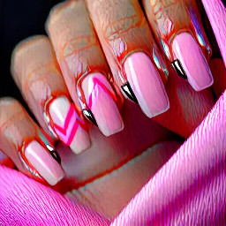 Almond shape, thumb- pink cat eye gel, pointer finger I heart Jesus middle finger cross next finger French tip with moomoo design pinky finger normal French tip