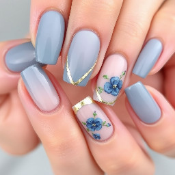 All nails use the same muted slate blue slightly mixed with a soft Pittsburgh, not different shades. The entire nail does not have to be blue. Some nails can have sheer nude bases with slate blue. every nail is different but they all coordinate. Mostly painted details only. The gold accents on most nails, like delicate outlines, curved French borders, or tiny metallic details. A couple of painted blue flowers.