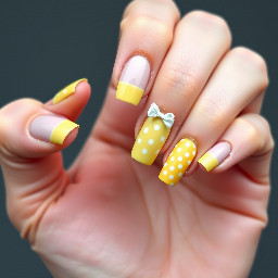 Pinky nail pastel yellow French tip ring finger pastel yellow French tip with white bow middle finger pastel yellow with white polka dots pointer finger pastel yellow French and similar for thumb show full hand