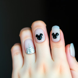 Clear milky white nails with clear fine silver glitter overlay on middle, ring, and thumb, two tiny black Mickey Mouse heads on ring finger